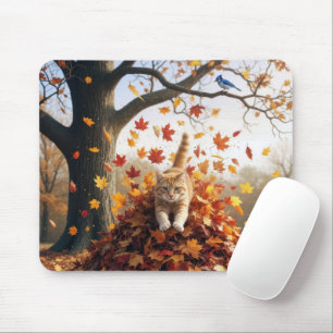 Ginger Cat Leaping Out of Autumn Leaf Pile Mouse Pad