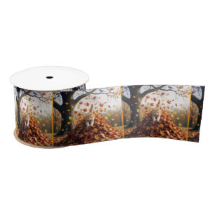 Ginger Cat Leaping Out of Autumn Leaf Pile Satin Ribbon