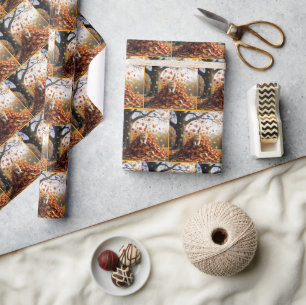 Ginger Cat Leaping Out of Autumn Leaf Pile Wrapping Paper