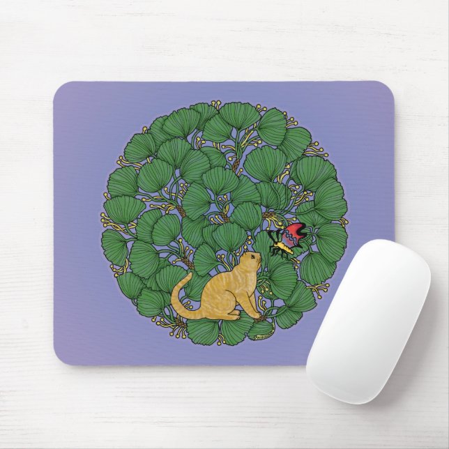 Ginger cat looks at a butterfly mouse pad (With Mouse)