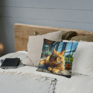 Ginger Cat Lounging on a Table By a Window Cushion