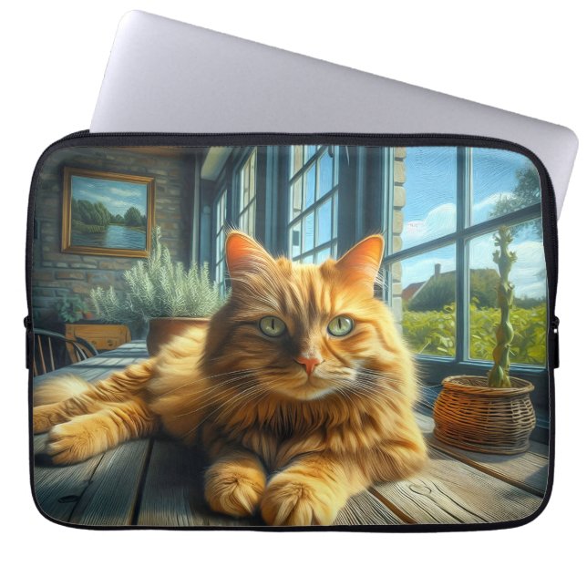 Ginger Cat Lounging on a Table By a Window Laptop Sleeve (Front)