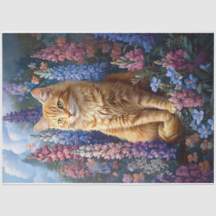 Ginger Cat Lupine Field Painting Decoupage Tissue Paper