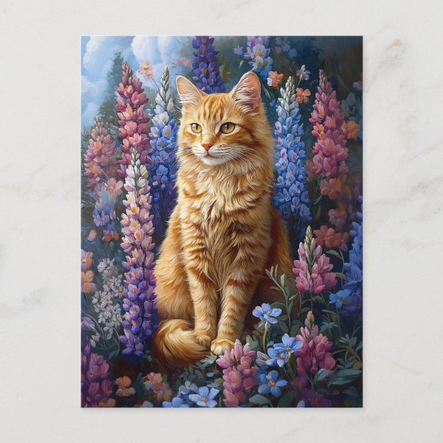 Ginger Cat Lupine Field Painting Postcard (Front)