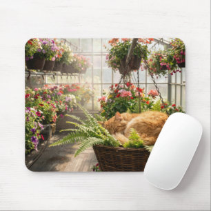 Ginger Cat Napping in Hanging Fern Basket Mouse Pad