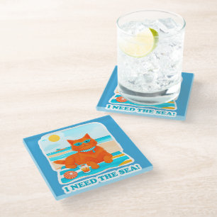 Ginger Cat on the Beach I Need the Sea Summer Glass Coaster