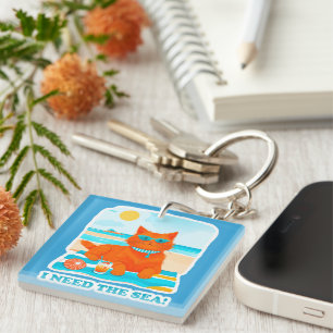 Ginger Cat on the Beach I Need the Sea Summer Key Ring