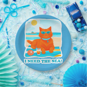 Ginger Cat on the Beach I Need the Sea Summer Paper Plate