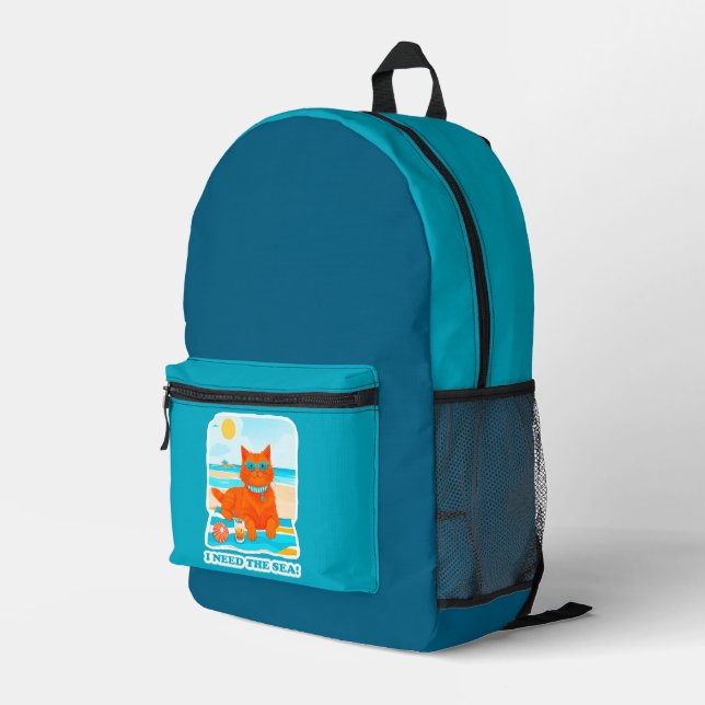 Ginger Cat on the Beach I Need the Sea Summer Printed Backpack (Back Corner Right)