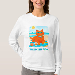 Ginger Cat on the Beach I Need the Sea Summer T-Shirt