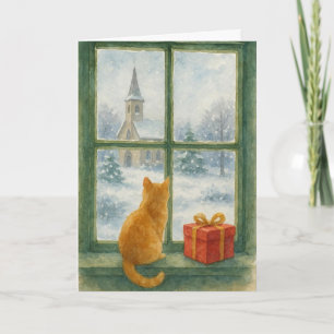 Ginger Cat overlooking a winter's scene  Holiday Card