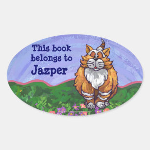 Ginger Cat Personal Bookplate Oval Sticker
