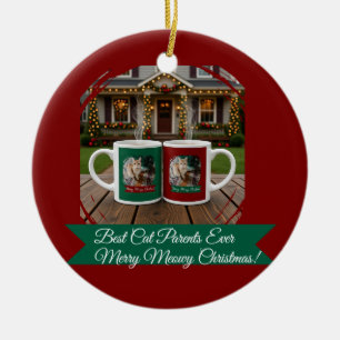 Ginger cat, Photo Text Customize ,Meowy Christmas, Ceramic Tree Decoration