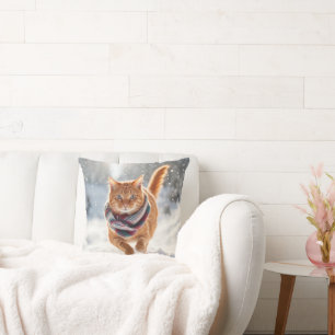 Ginger Cat Running In Snowflakes Cushion