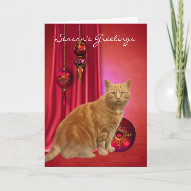 ginger cat season's greeting card with ornaments (Front)