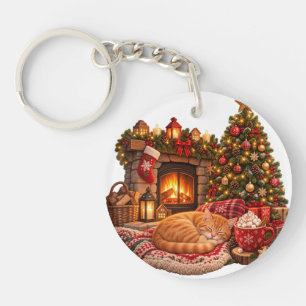 Ginger Cat Sleeping by Fireplace Christmas Clipart Key Ring