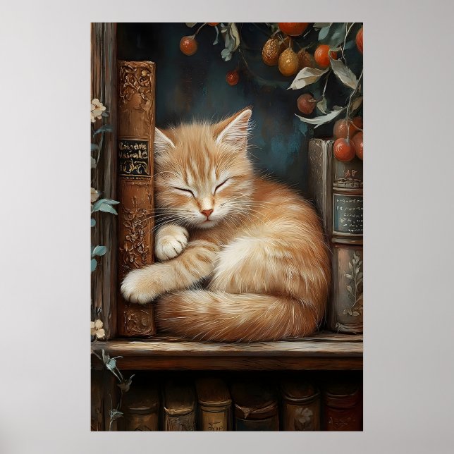 Ginger Cat Sleeping on Books Print, Dark Academia Poster (Front)