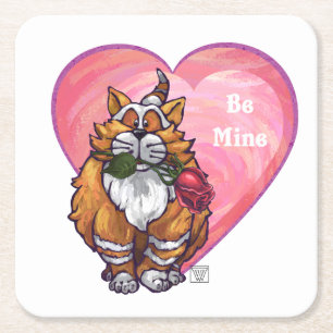 Ginger Cat Valentine's Day Square Paper Coaster