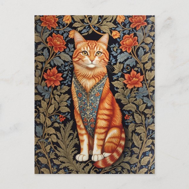 Ginger Cat William Morris Inspired Floral Postcard (Front)