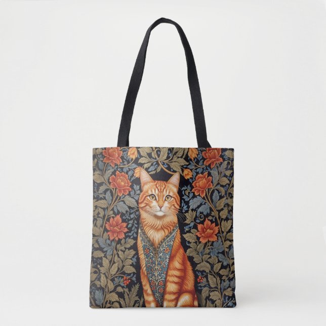 Ginger Cat William Morris Inspired Floral Tote Bag (Front)
