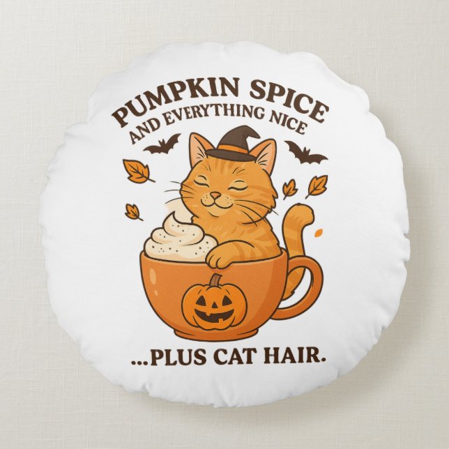 Ginger Cat Witch – Cute Halloween Design with Pump Round Cushion (Front)