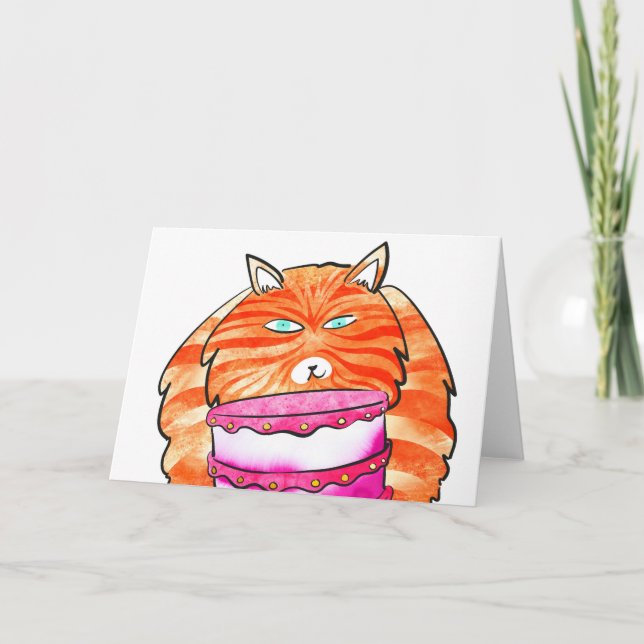 Ginger cat with cake birthday card (Front)