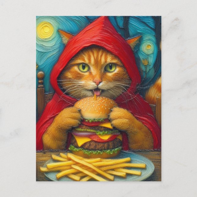 Ginger Cat with Cheeseburger and Fries Postcard (Front)