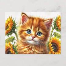 Ginger Cat With Sunflowers Watercolor