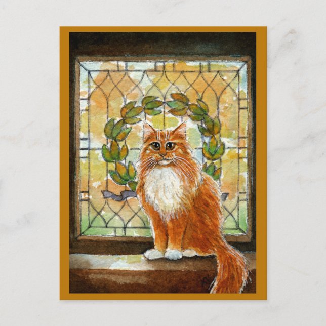 Ginger cat with Victorian stained glass postcard (Front)