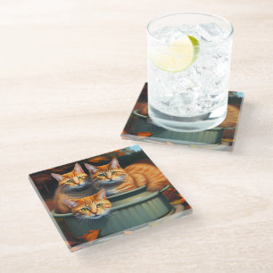 Ginger Cats In Pots Oil Paint, Glass Coaster