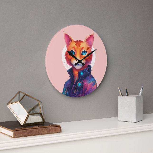 Ginger Cyberpunk Cat,  Large Clock (Office)