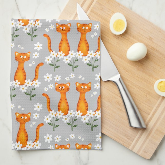 Ginger Floral Orange Cat Energy  Tea Towel (Quarter Fold)