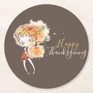 Ginger Girl with Pumpkin Thanksgiving  Round Paper Coaster
