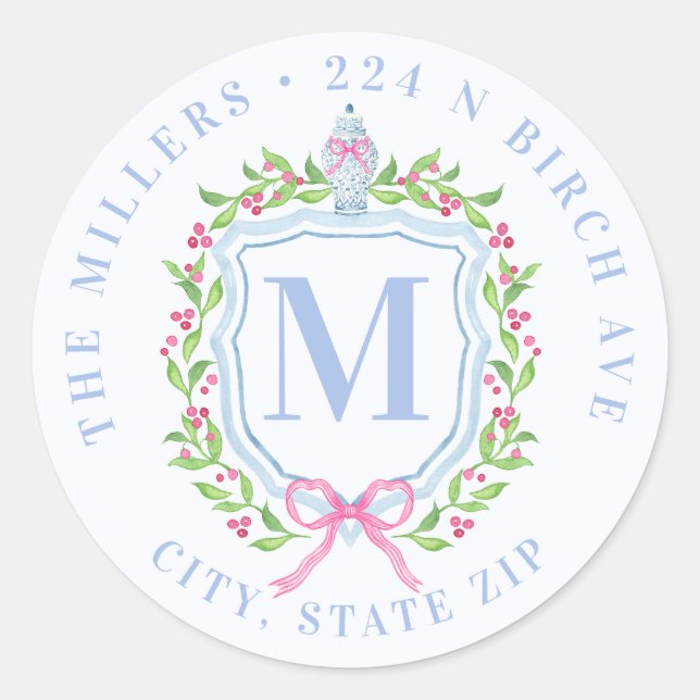 Ginger Jar & Christmas Berries Monogram Address Classic Round Sticker (Front)
