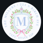 Ginger Jar & Christmas Berries Monogram Address Classic Round Sticker<br><div class="desc">This sticker has a preppy grandmillennial design featuring a Christmas crest with a Chinoiserie ginger jar surrounded by berries. You can personalise with your initial,  name and address.</div>