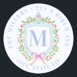 Ginger Jar & Christmas Berries Monogram Address Classic Round Sticker<br><div class="desc">This sticker has a preppy grandmillennial design featuring a Christmas crest with a Chinoiserie ginger jar surrounded by berries. You can personalise with your initial,  name and address.</div>