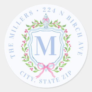 Ginger Jar & Christmas Berries Monogram Address Classic Round Sticker