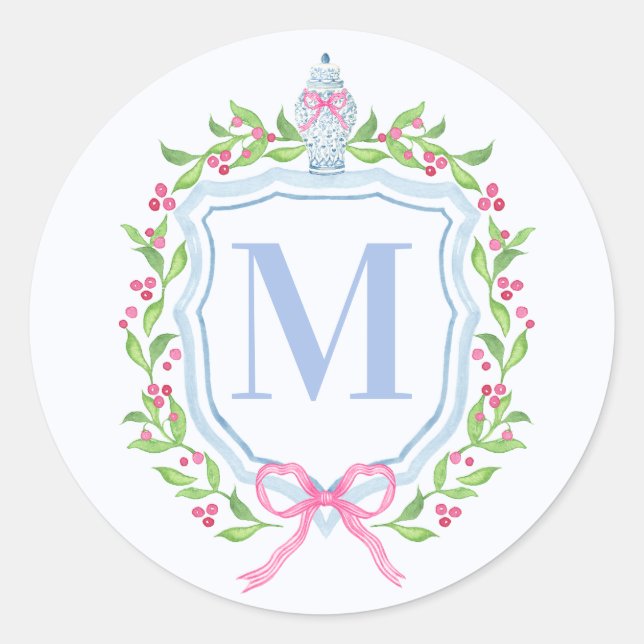 Ginger Jar & Christmas Berries Monogram Classic Round Sticker (Front)