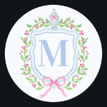 Ginger Jar & Christmas Berries Monogram Classic Round Sticker<br><div class="desc">This sticker has a preppy grandmillennial design featuring a Christmas crest with a Chinoiserie ginger jar surrounded by berries. You can personalise with your initial.</div>