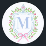 Ginger Jar & Christmas Berries Monogram Classic Round Sticker<br><div class="desc">This sticker has a preppy grandmillennial design featuring a Christmas crest with a Chinoiserie ginger jar surrounded by berries. You can personalise with your initial.</div>