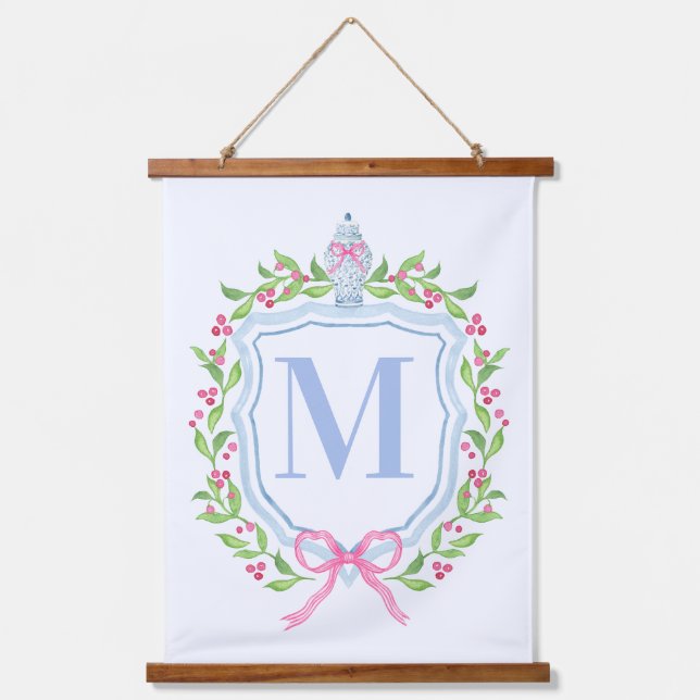 Ginger Jar & Christmas Berries Monogram Hanging Tapestry (Front)