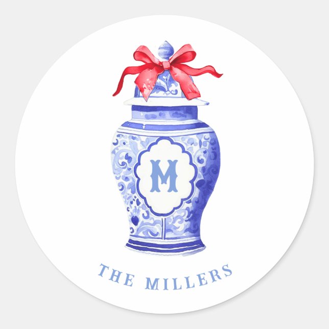 Ginger Jar Monogram | Red Bow Classic Round Sticker (Front)