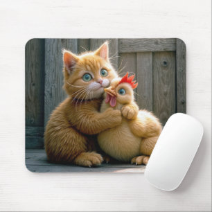 Ginger Kitten Hugging a Chicken Mouse Pad