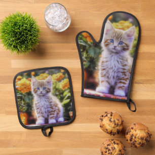 Ginger Kitten in a Flower Garden Oven Mitt & Pot Holder Set