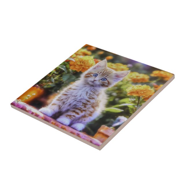 Ginger Kitten in a Flower Garden Tile (Side)