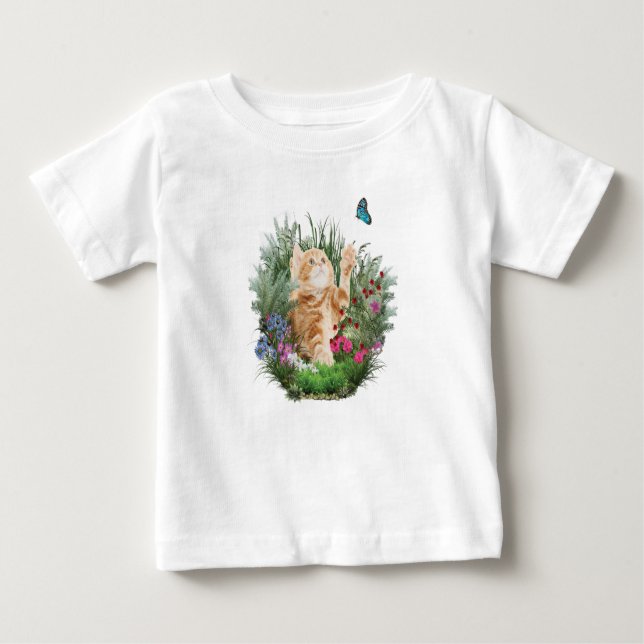 Ginger kitten playing with a butterfly baby T-Shirt (Front)