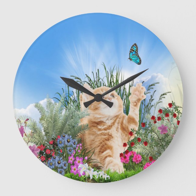 Ginger kitten playing with a butterfly large clock (Front)