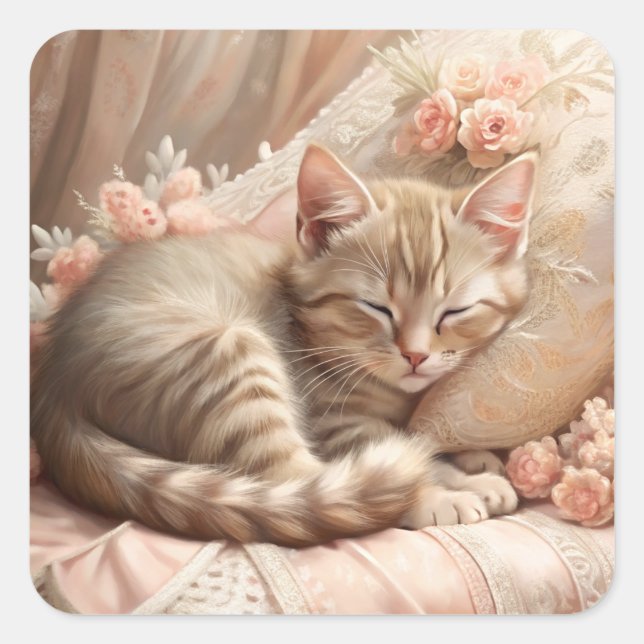 Ginger Kitten Sleeping (Shabby Chic) Square Sticker (Front)