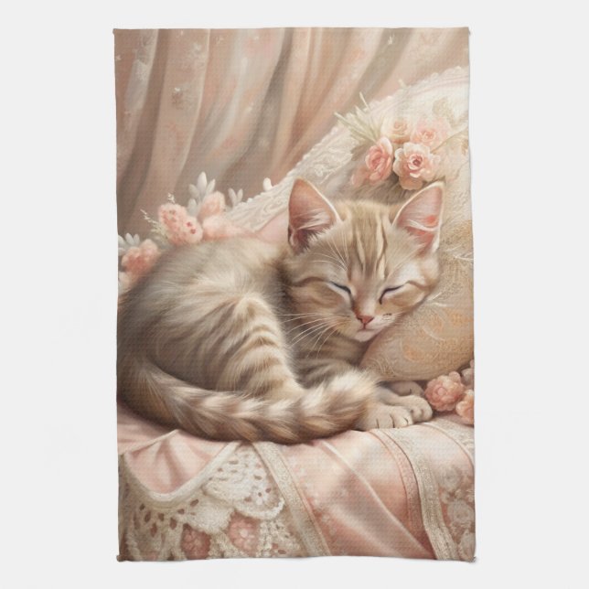 Ginger Kitten Sleeping (Shabby Chic) Tea Towel (Vertical)