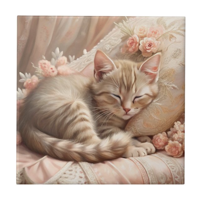 Ginger Kitten Sleeping (Shabby Chic) Tile (Front)